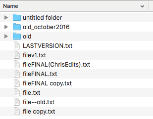 A failed versioning attempt showing differently named versions of the same file